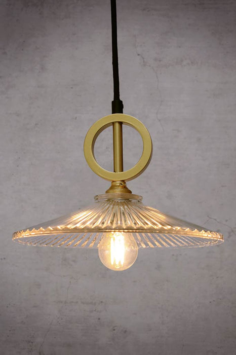 Ribbed glass shade with gold/brass ring cord
