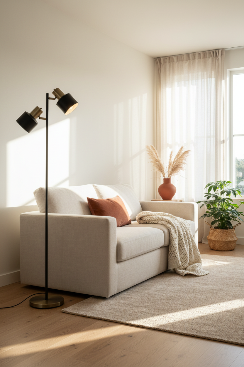 modern living room with floor lamp with twin heads in it.