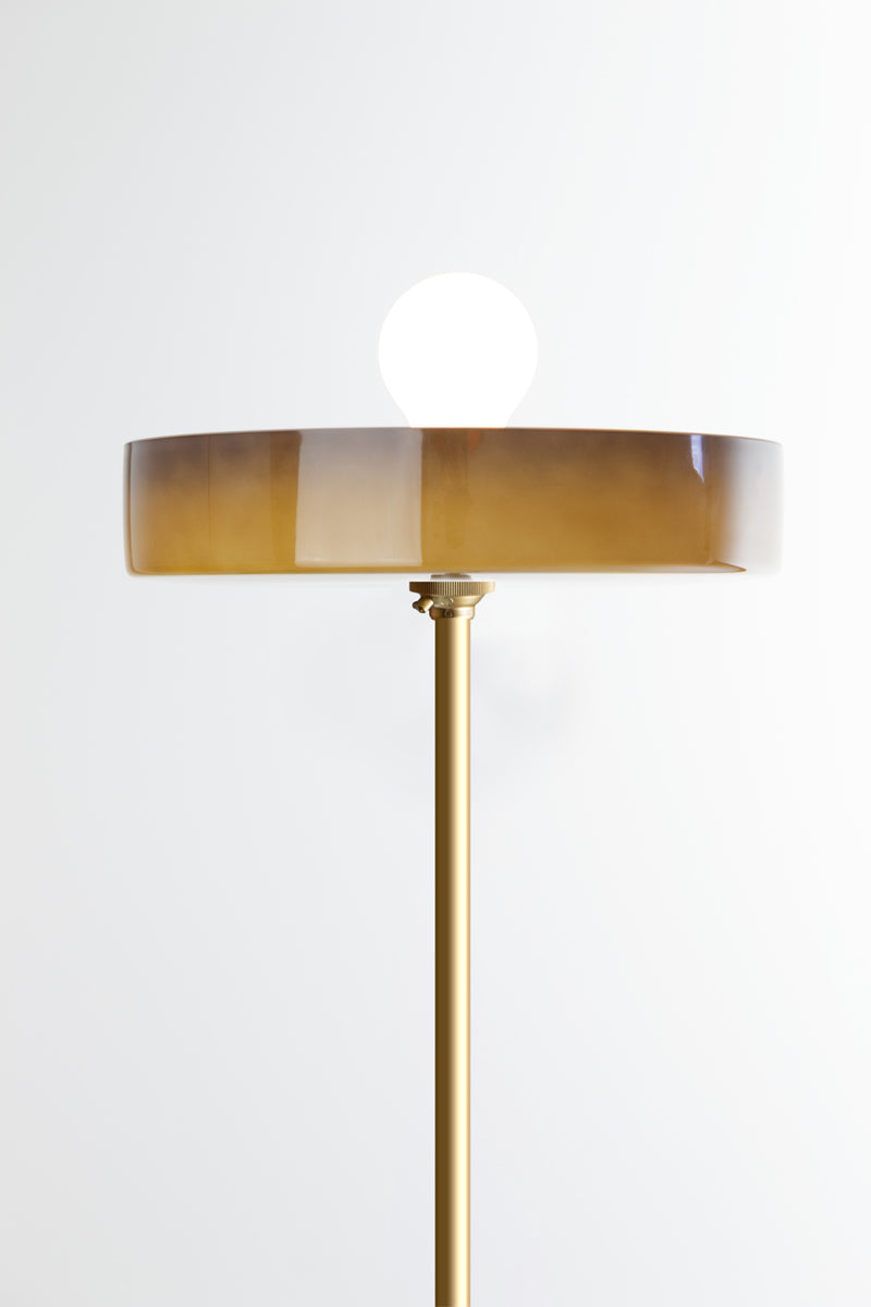 retro-inspired floor lamp with sage shade and gold brass base