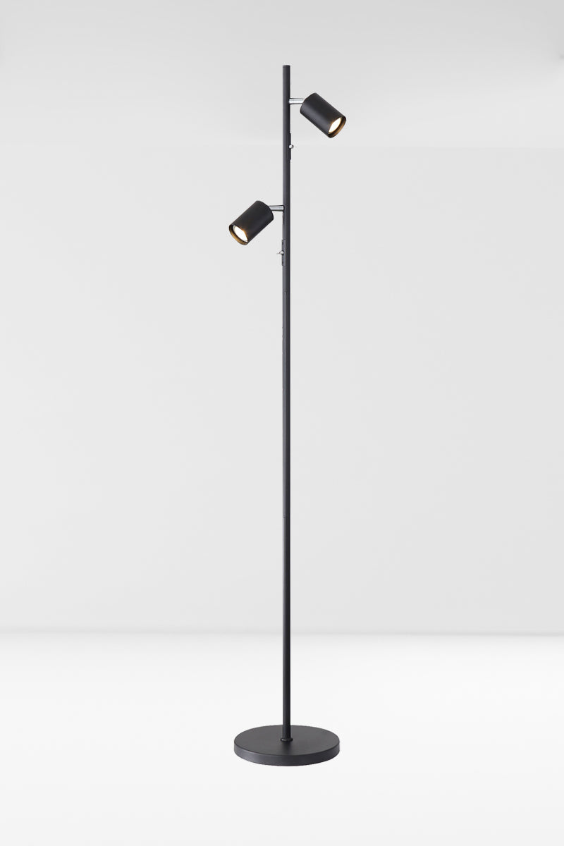 Black two light floor lamp with black adjustable spot heads and chrome accents.