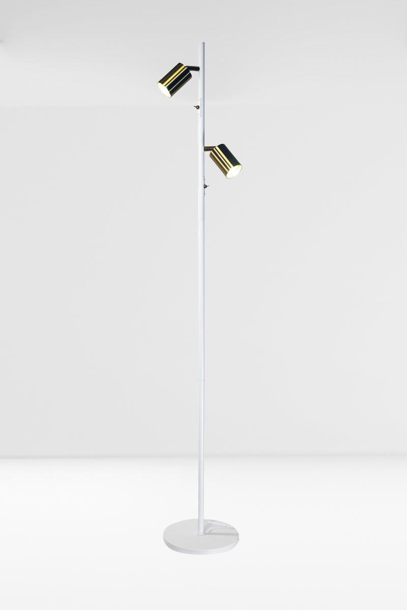 White two light floor lamp with satin brass adjustable spot heads.