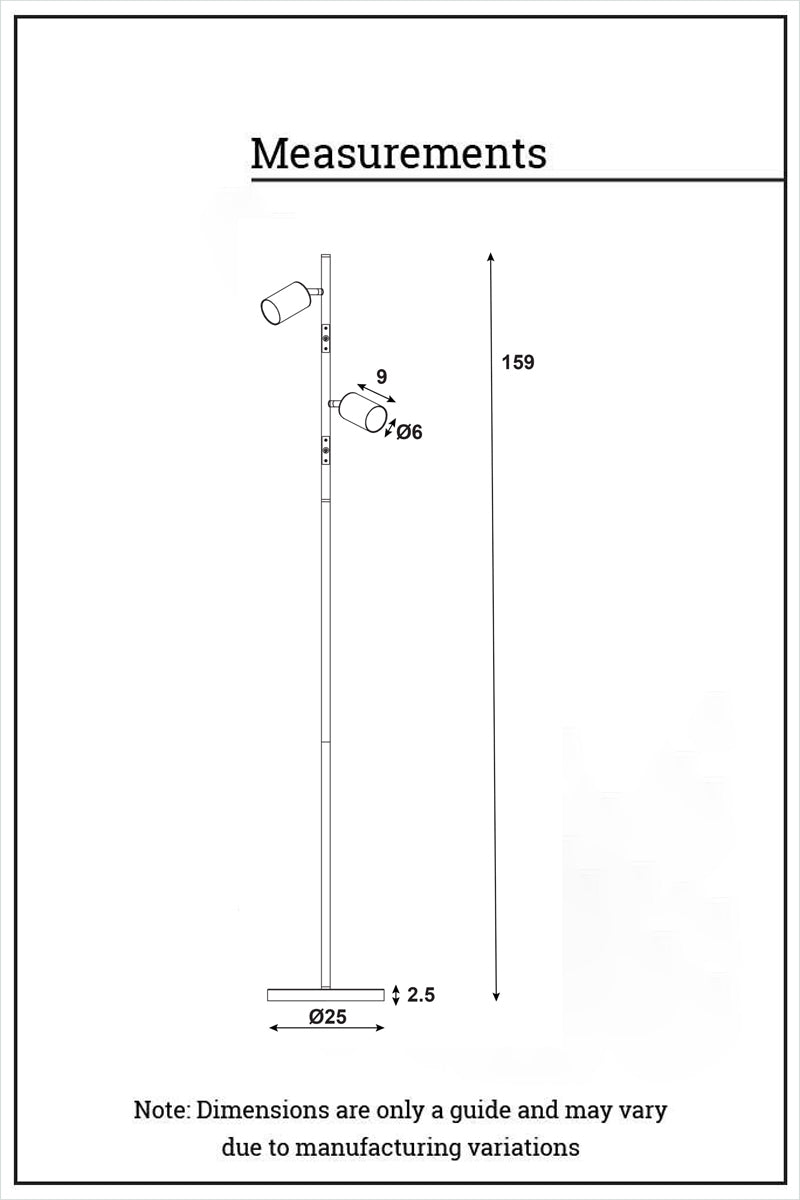 Dimension illustration of the 2 light floor lamp. 