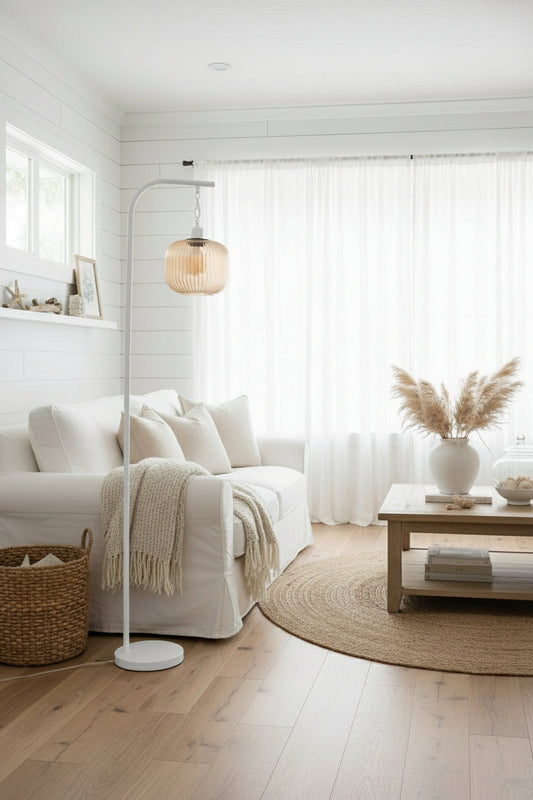 amber finish on floor lamp in white with warm bulb