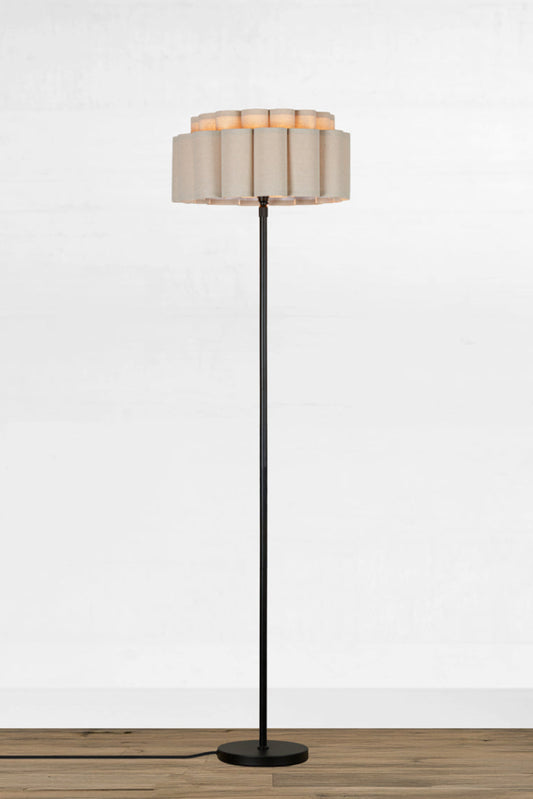 Trenerry Tiered Fabric Scallop Floor Lamp on black fitting with black foot cord 