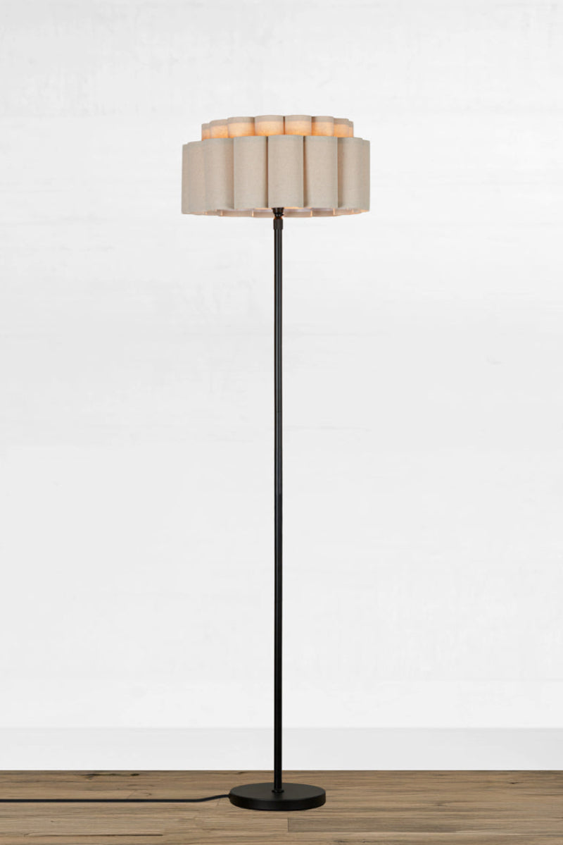 Trenerry Tiered Fabric Scallop Floor Lamp on black fitting with black foot cord 