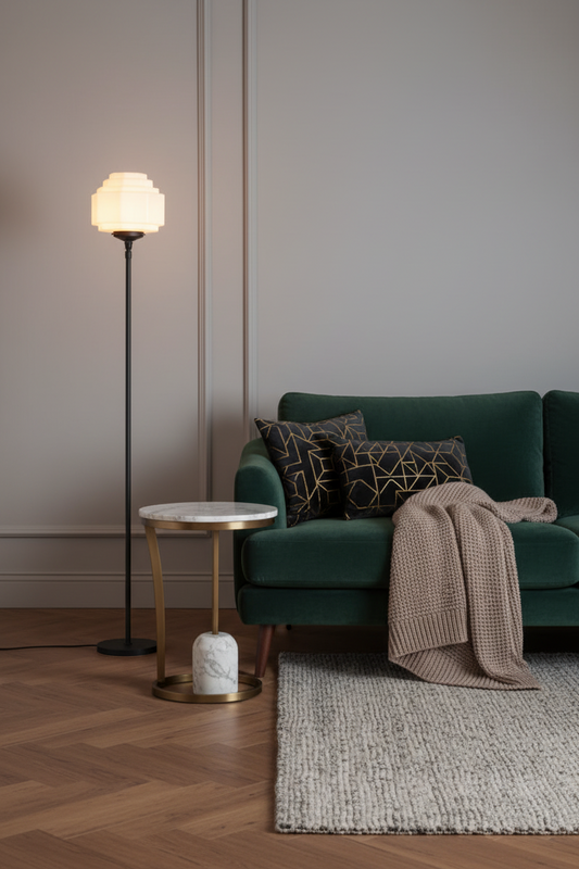 art deco inspired floor lamp in modern deco living room with green velvet sofa