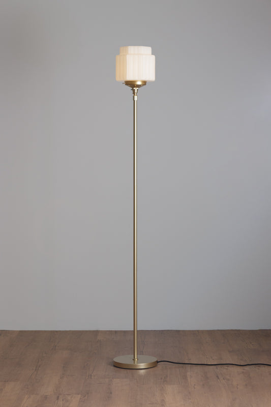Gold/Brass stem floor lamp with an opal art deco inspired glass shade. 
