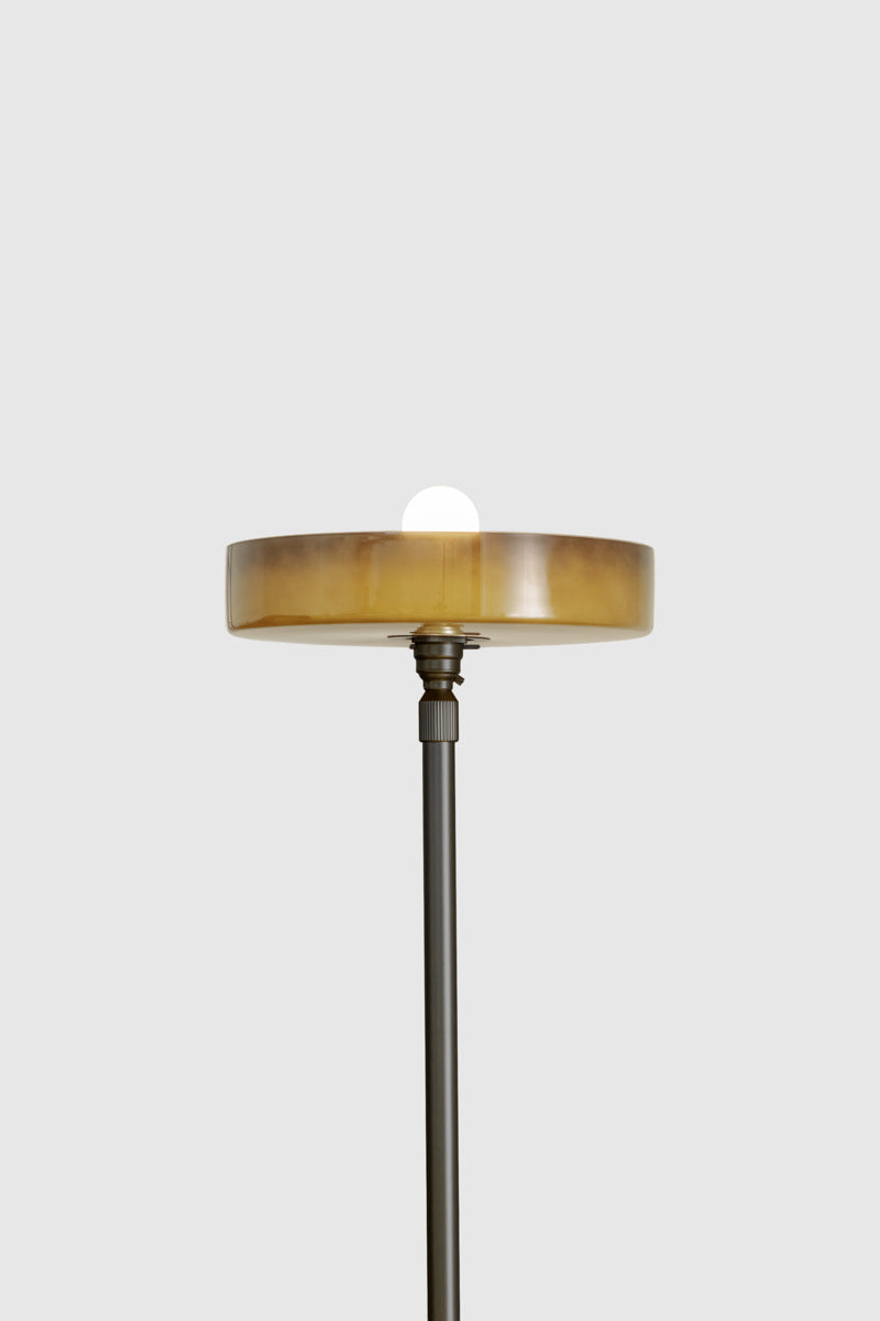 Floor lamp with a slim dark metal stem and round sage translucent shade with exposed globe, displayed against a light grey background.