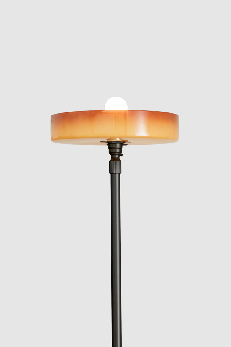 Close-up of floor lamp featuring a warm brown translucent disc shade and exposed globe above a dark metal stem.
