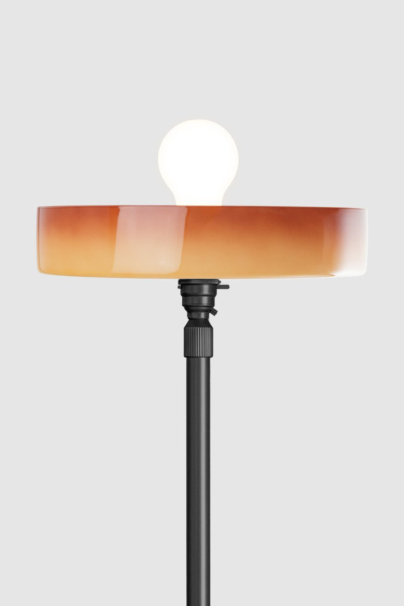 Brown Gambier shade on a black floor lamp stand
