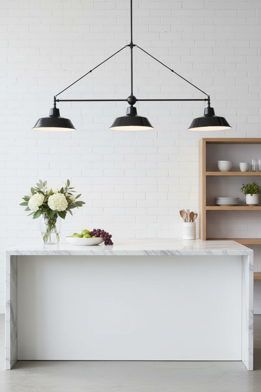 Modern kitchen with marble island, brass Factory_Industrial_Chandelier over bench