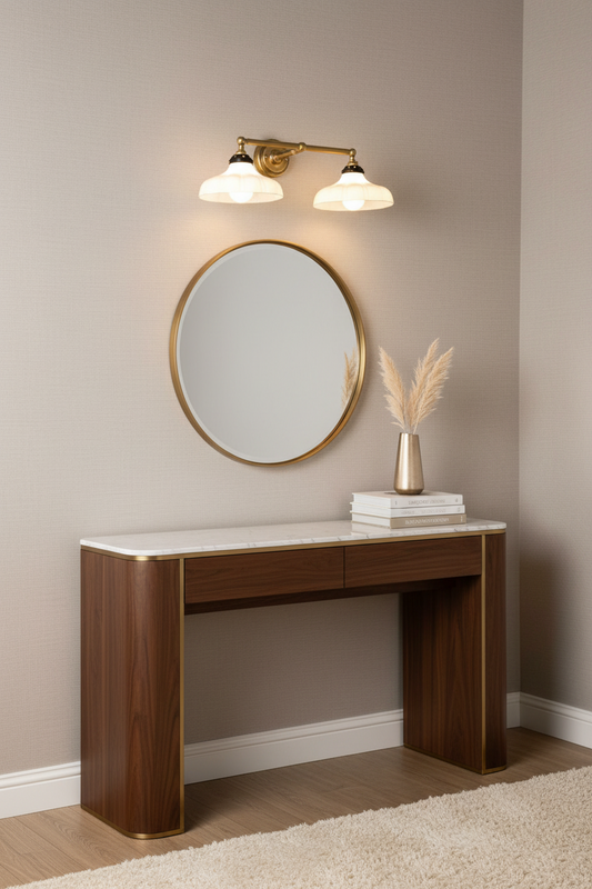 wooden console with double arm wall light with glass shades above mirror