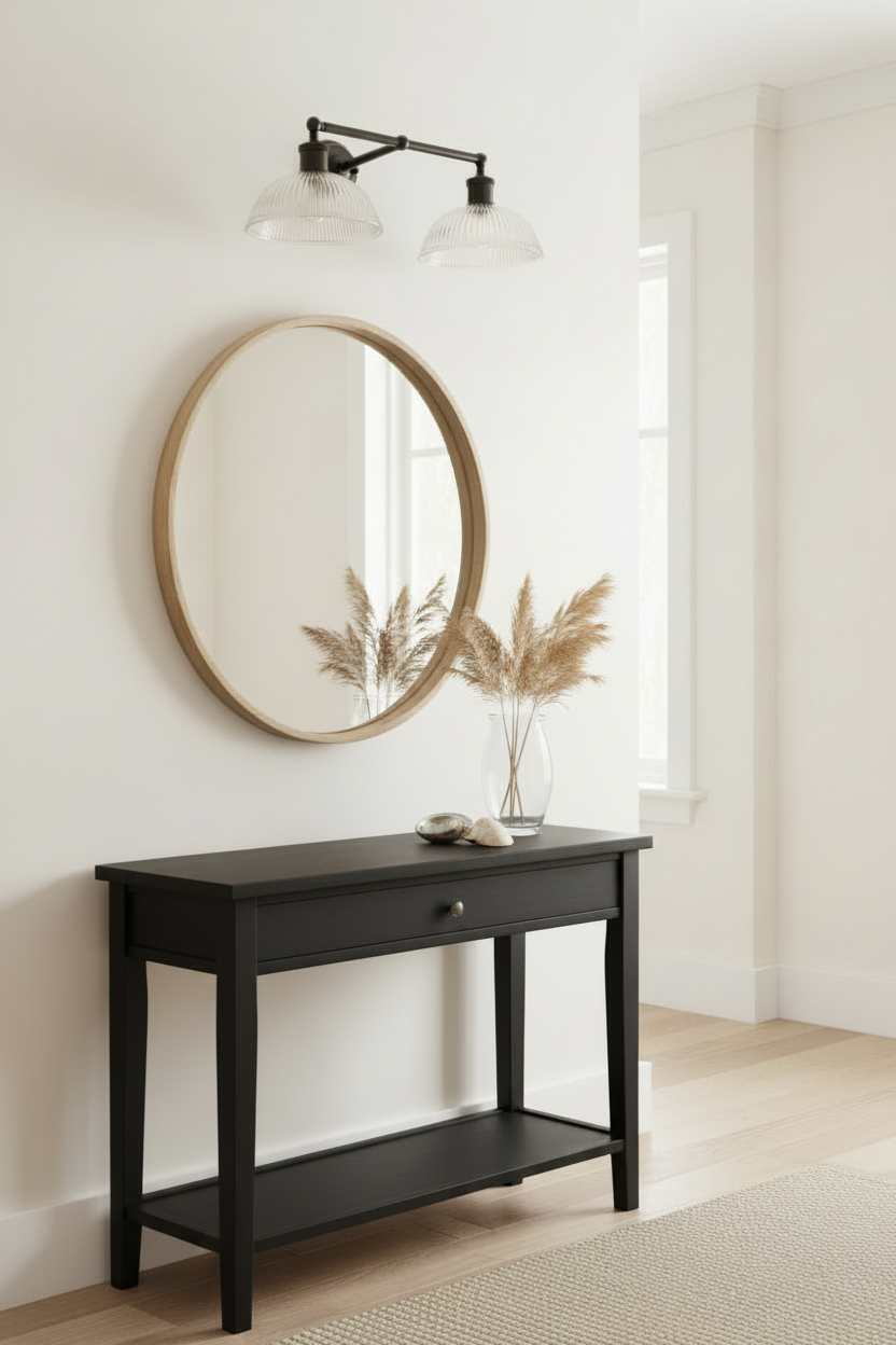 coastal interior in hallway with double arm wall light above mirror