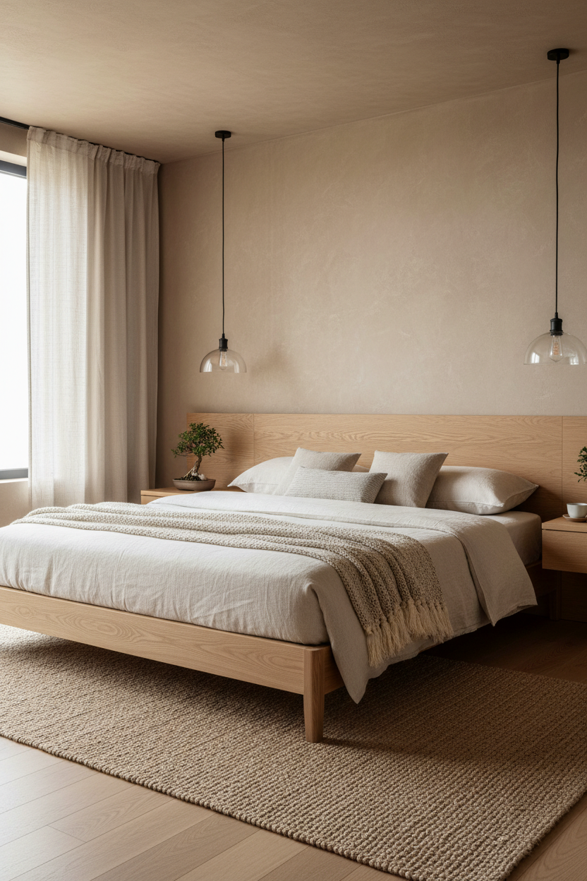 Modern bedroom with organic decor such as a wooden bed, neutral decor, and two glass pendant lights.