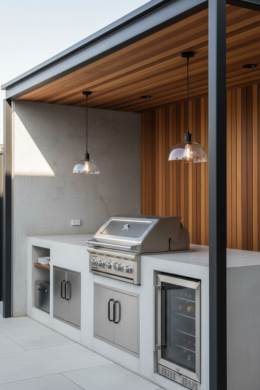 outdoor bbq area with two pendant lights 