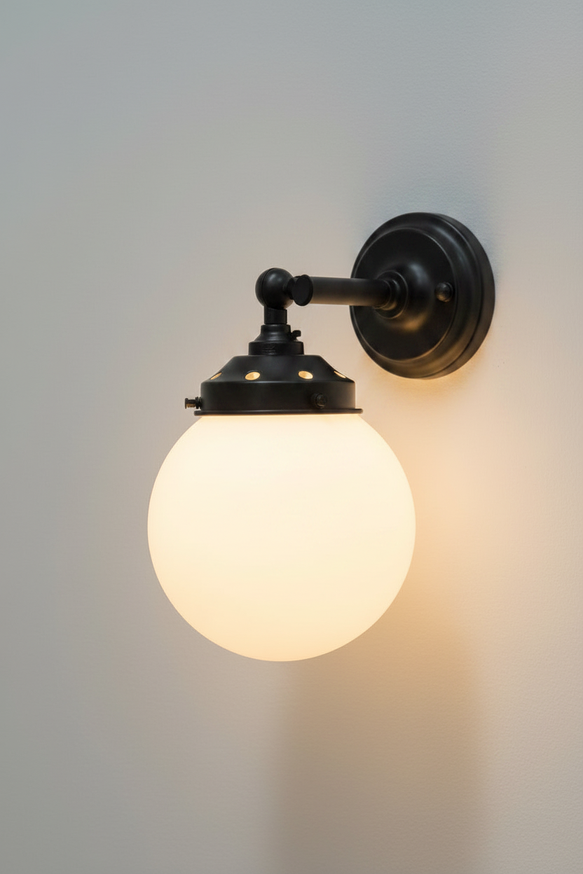 Glass Ball Wall Light with short black arm and small opal shade
