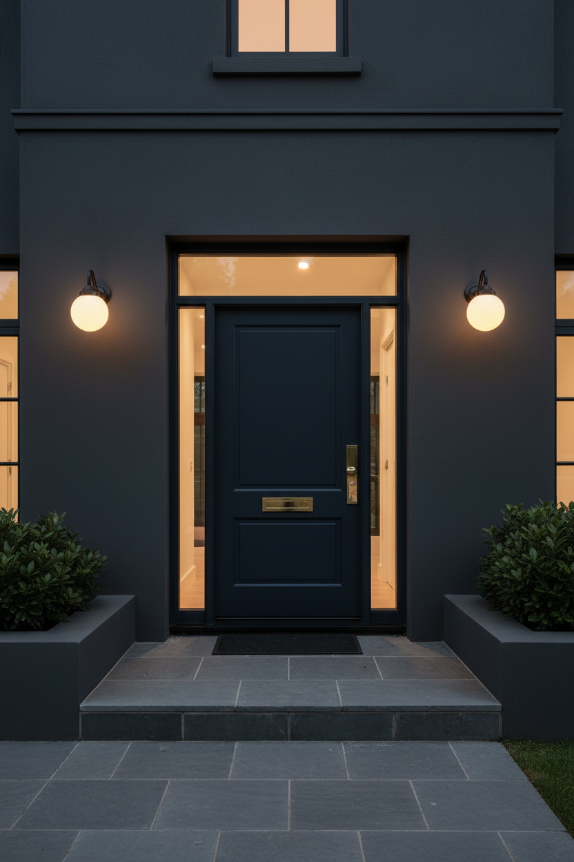 Dark blue front door of a house with illuminated gooseneck wall lights on a dark exterior.