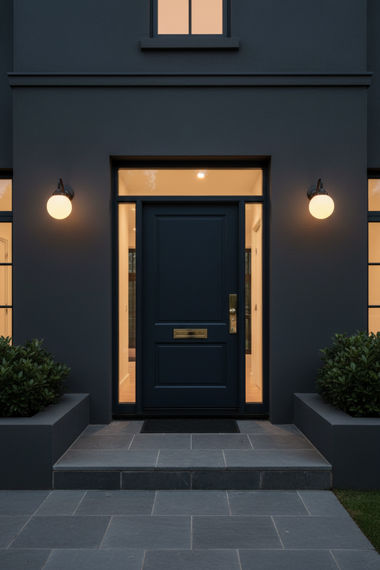 Dark blue front door of a house with illuminated gooseneck wall lights on a dark exterior.