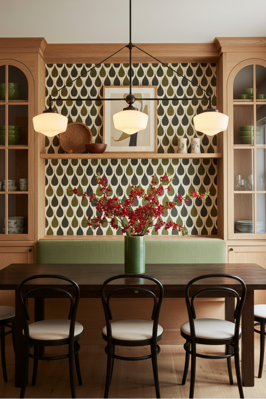 A dining room interior featuring a central hanging pendant brass light with three opal shades over a dark wood dining table, black bentwood chairs with cream cushions.