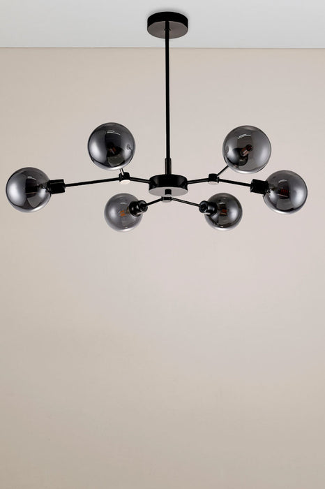 Coalfalls LED Multi Light Pendant in glossy black chrome, featuring six smoke-tinted glass shades. Image shows the pendant light in the off position.