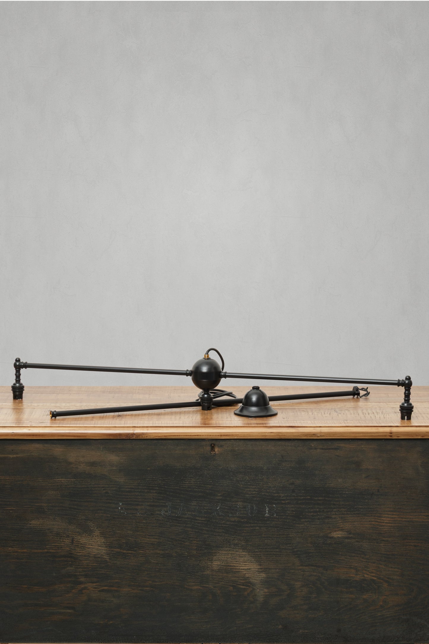 Matt Black Brass three light straigh bar chandelier frame. 