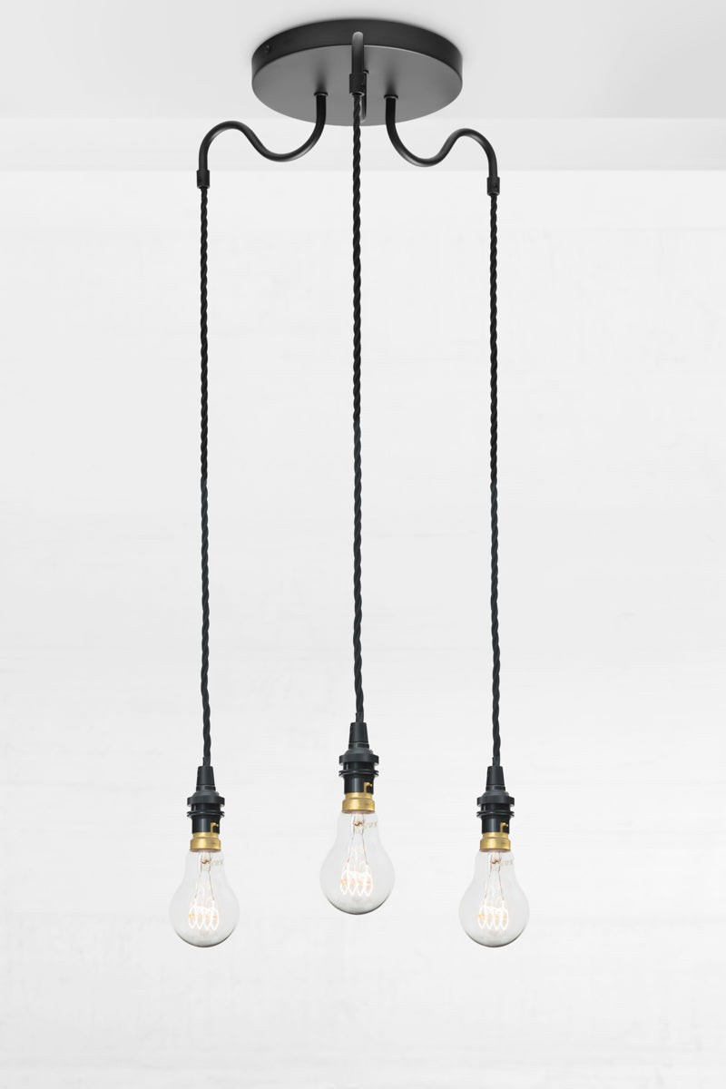 3 arm goossneck pendant lighting with black twisted pendant cords