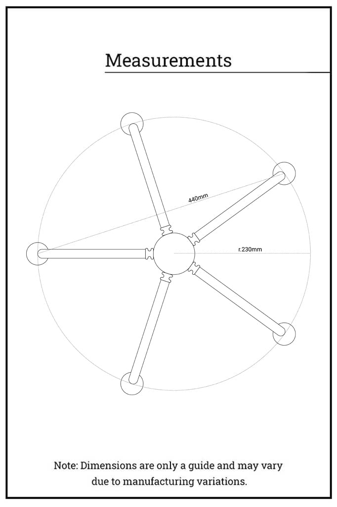 Radial measurements illustration of the 5 arm gooseneck chandelier. 