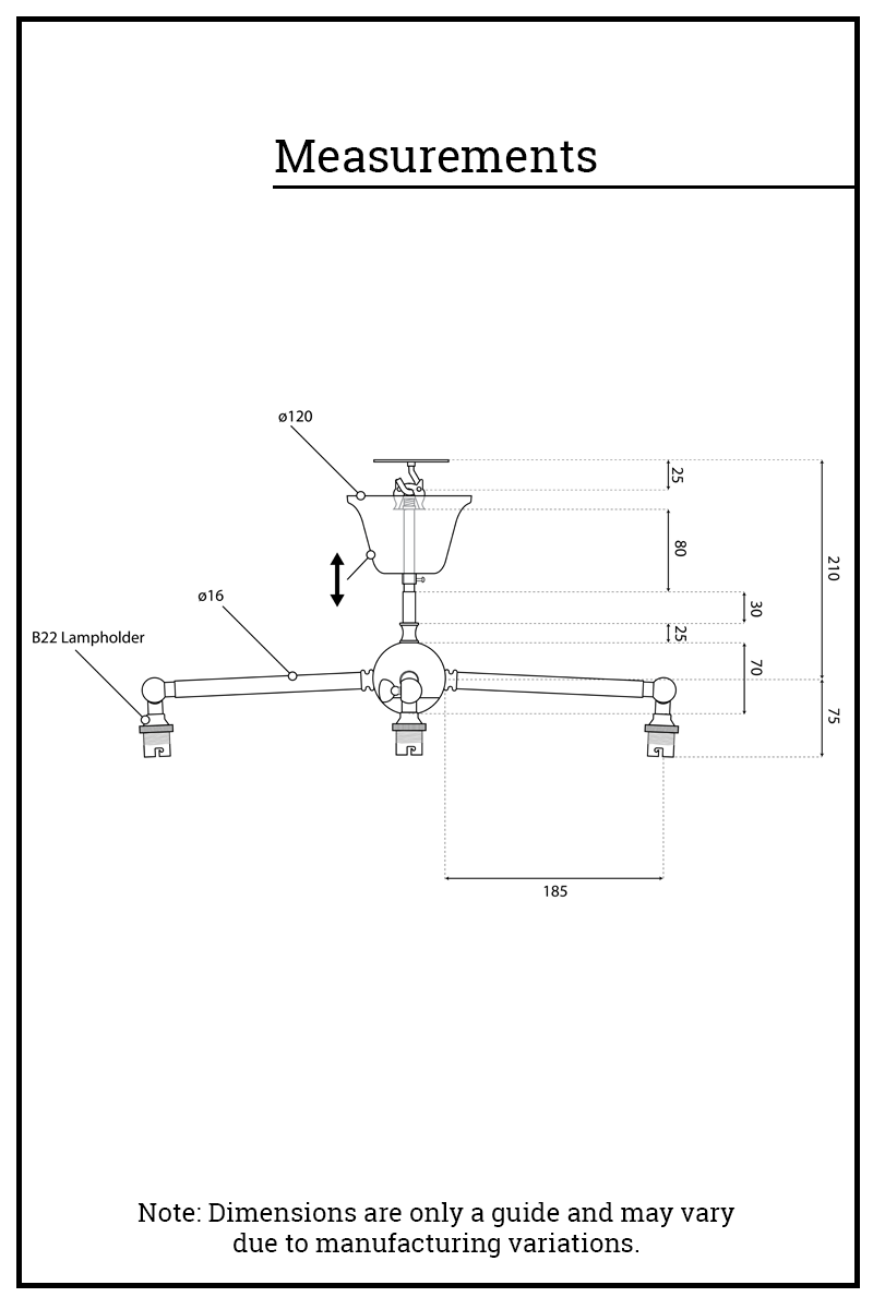 Dimension illustration of the three straight arm flush mount fixture