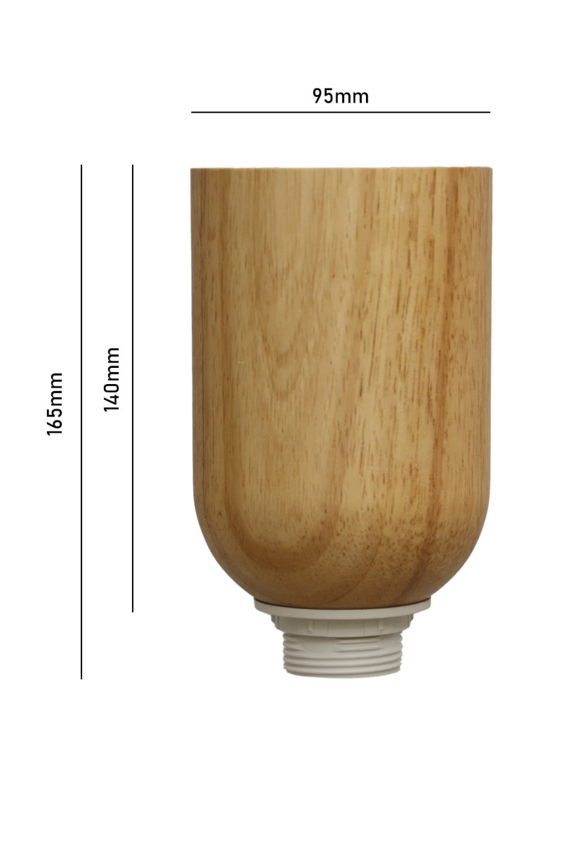 Wooden pendant light fitting showcases base with dimension markings of a width of 95mm and heights of 165mm and 140mm