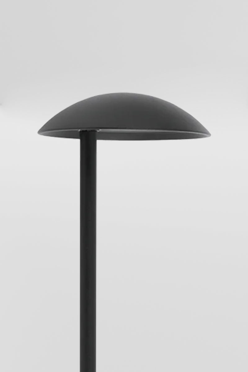 Close up of the hood shade of the black garden spike with built in LED light source