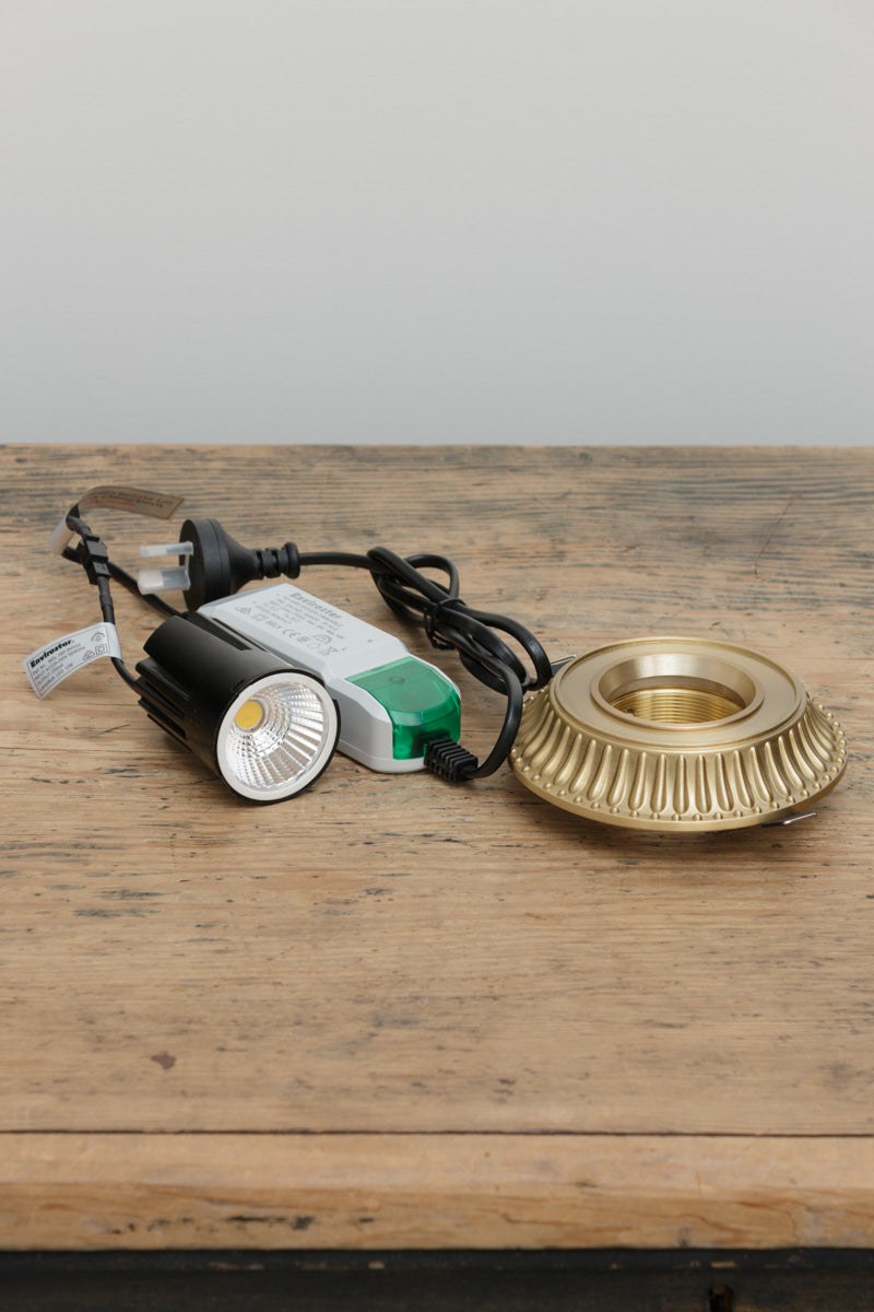 cast brass downlight cover IP44 rated with dimmable LED bulb and driver included
