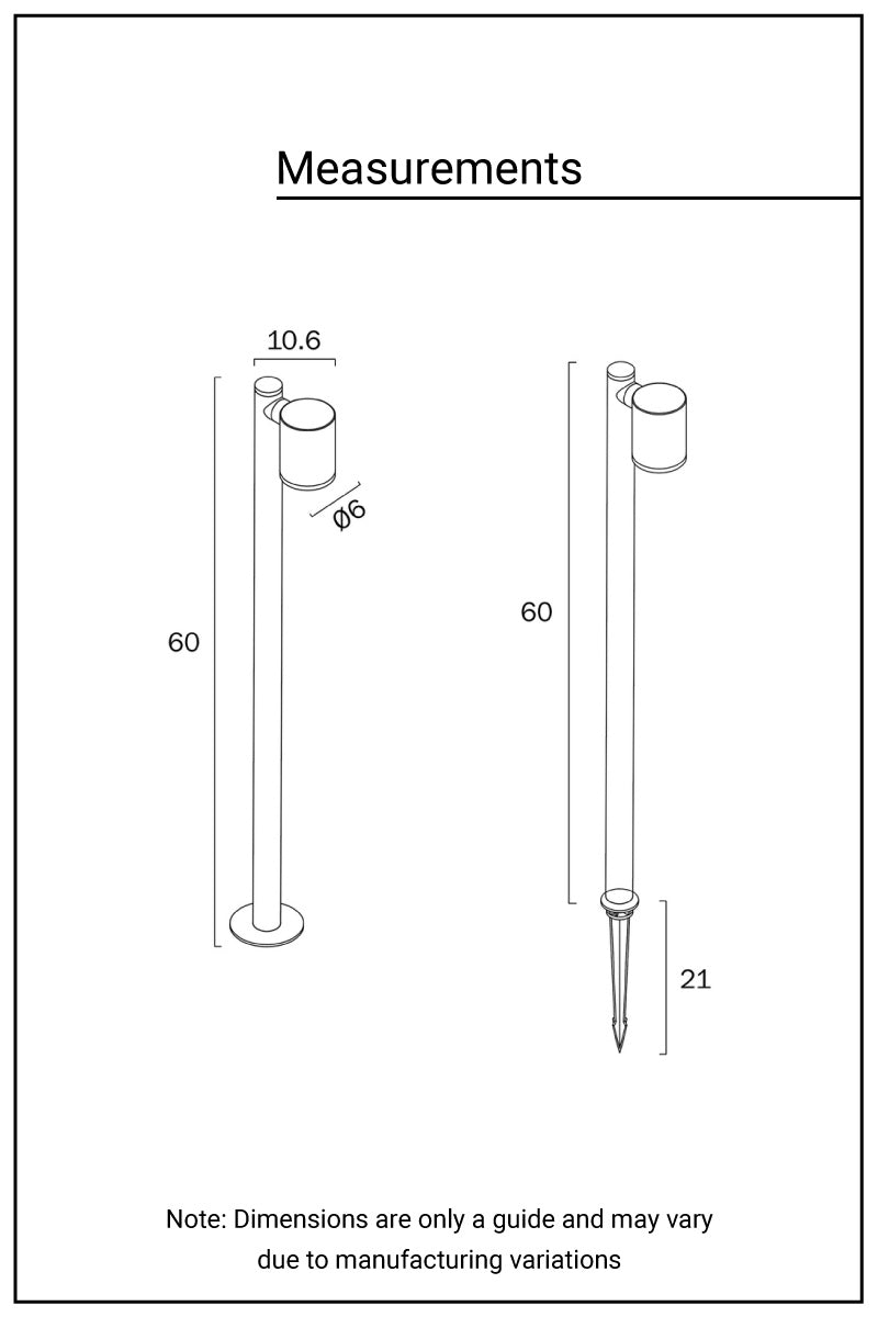 Tall Low Voltage Laggan Spike Garden Light dimensions drawing, 600mm high, 106mm deep, 60mm wide