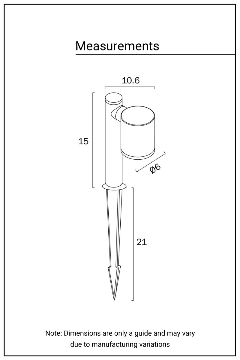 Short Low Voltage Laggan Spike Garden Light dimensions drawing, 150mm high, 106mm deep, 60mm wide