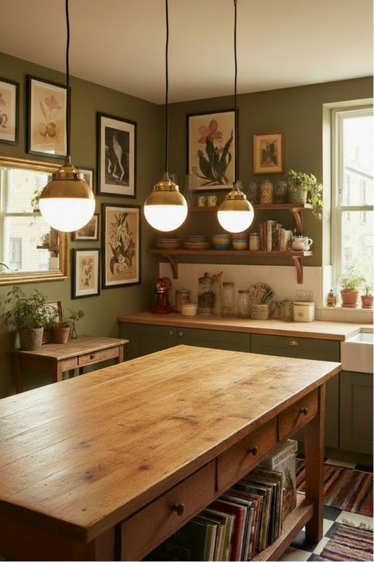 3 pendant lights over kitchen island bench