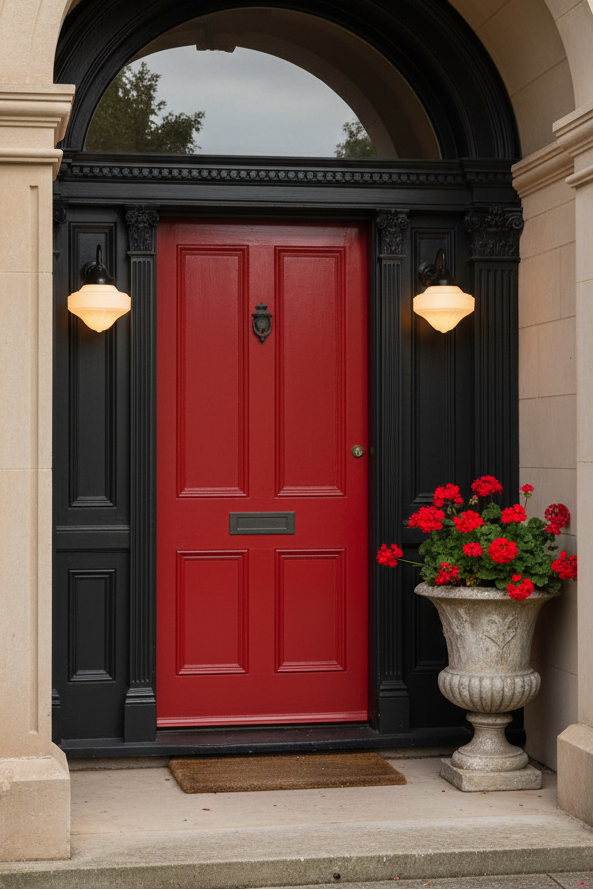 two opal glass shades on steel sconces undercover grand entrace with red door.