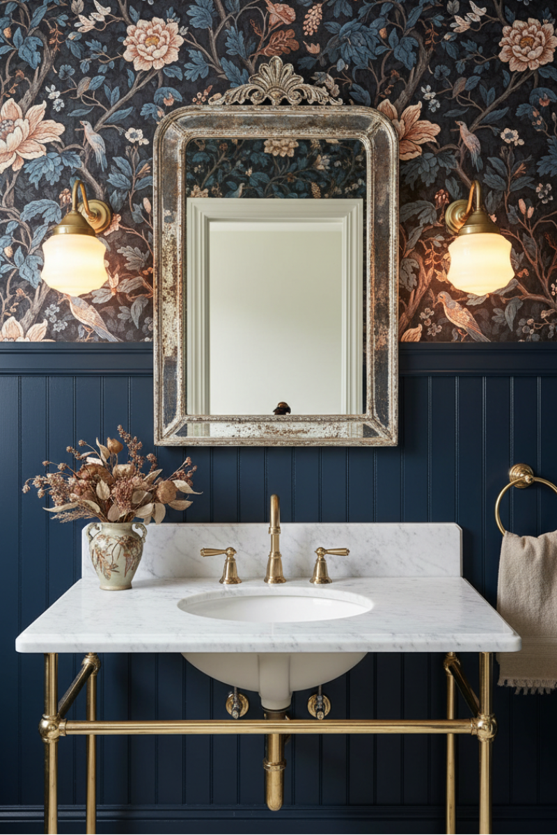 A bathroom vanity setup with a white marble countertop, white sink, and brass faucet and pipe fixture, flanked by two lit wall lights in gold brass and opal shade