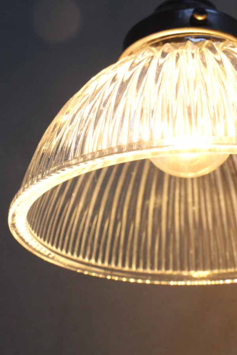 Plain edged, clear glass shade with ridged  detailing and black 2 1/4insh gallery. 