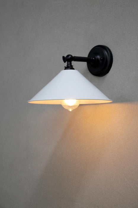 Small white cone wall light with black arm