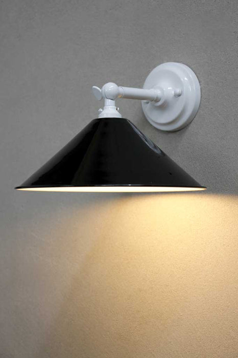 Small black cone wall light with white arm