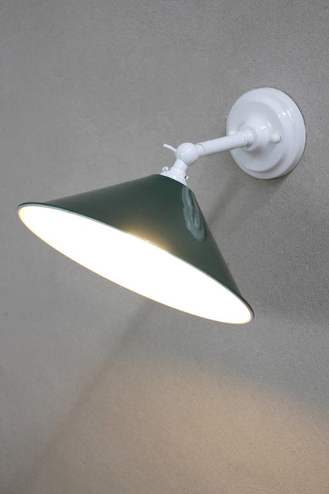 Small green cone wall light with white arm
