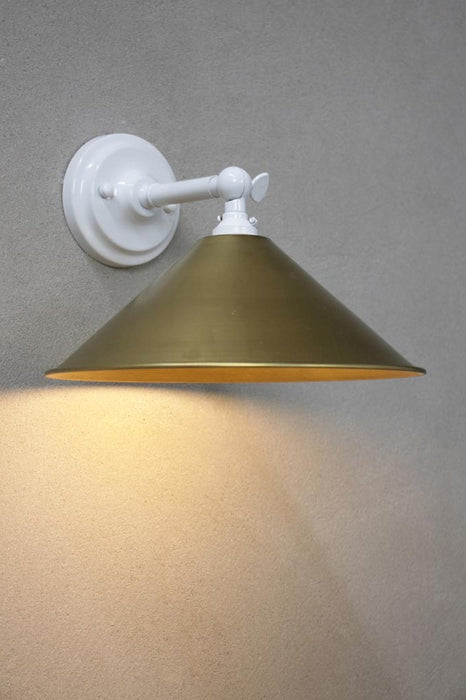 Small brass cone wall light with white arm