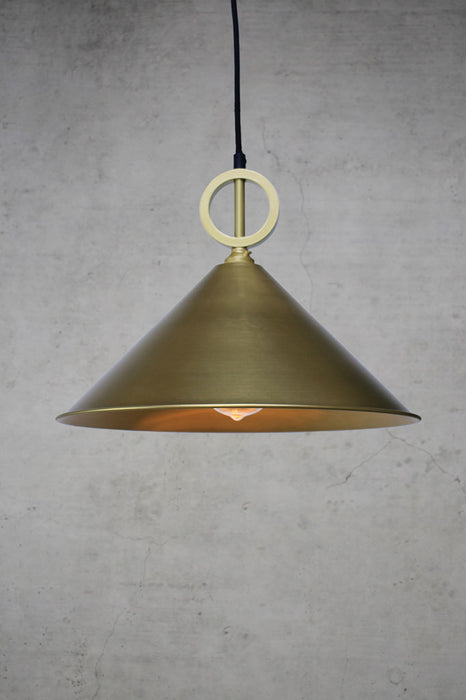Cone pendant light with large bright brass shade and gold pendant cord without disc