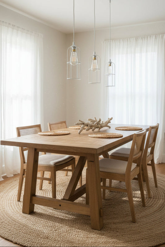 Pendant light with a wire cage design over coastal dining room table