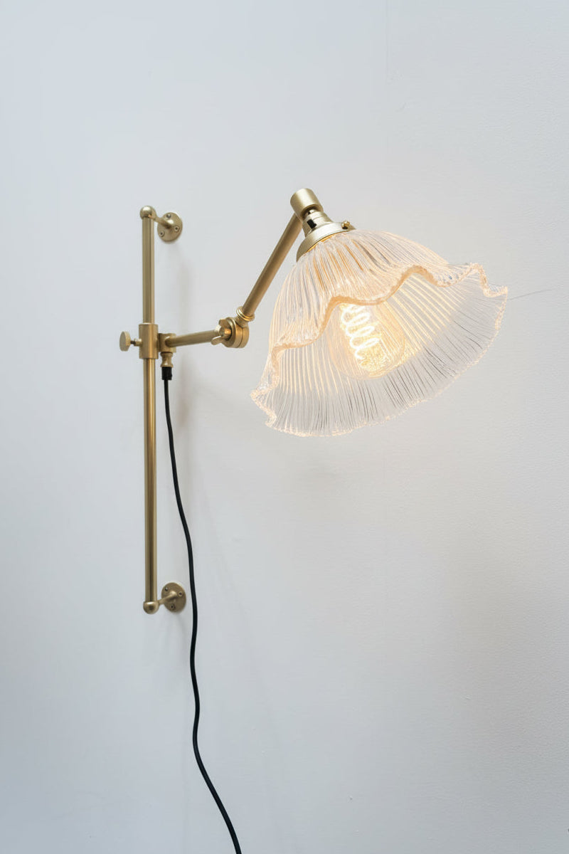 Large clear frilled edge sade on a gold/brass swing arm wall sconce