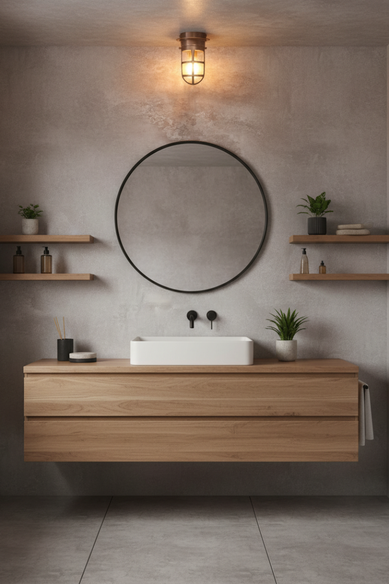 Gym Bathroom with wooden vanity, round mirror and flush mount ceiling light
