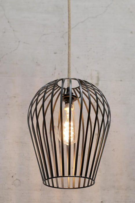 black pendant cage light with jute cord