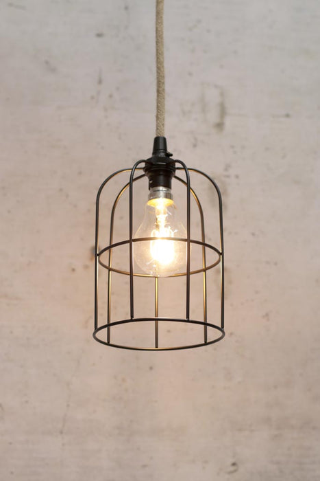 Small Black Round Cage Light With Jute Cord