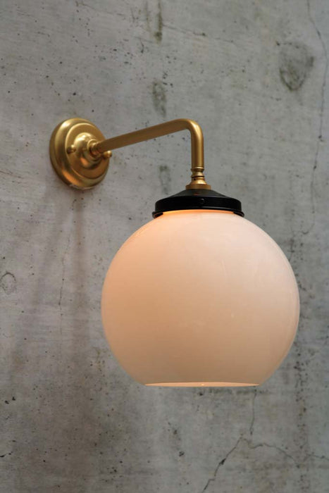 Michigan wall light with gold/ brass 90 degree arm and medium opal shade