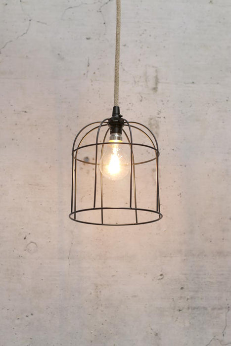Large Black Round Cage Light With Jute Cord