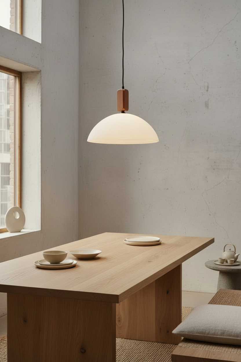 Modern dining room with wooden table, pendant light 